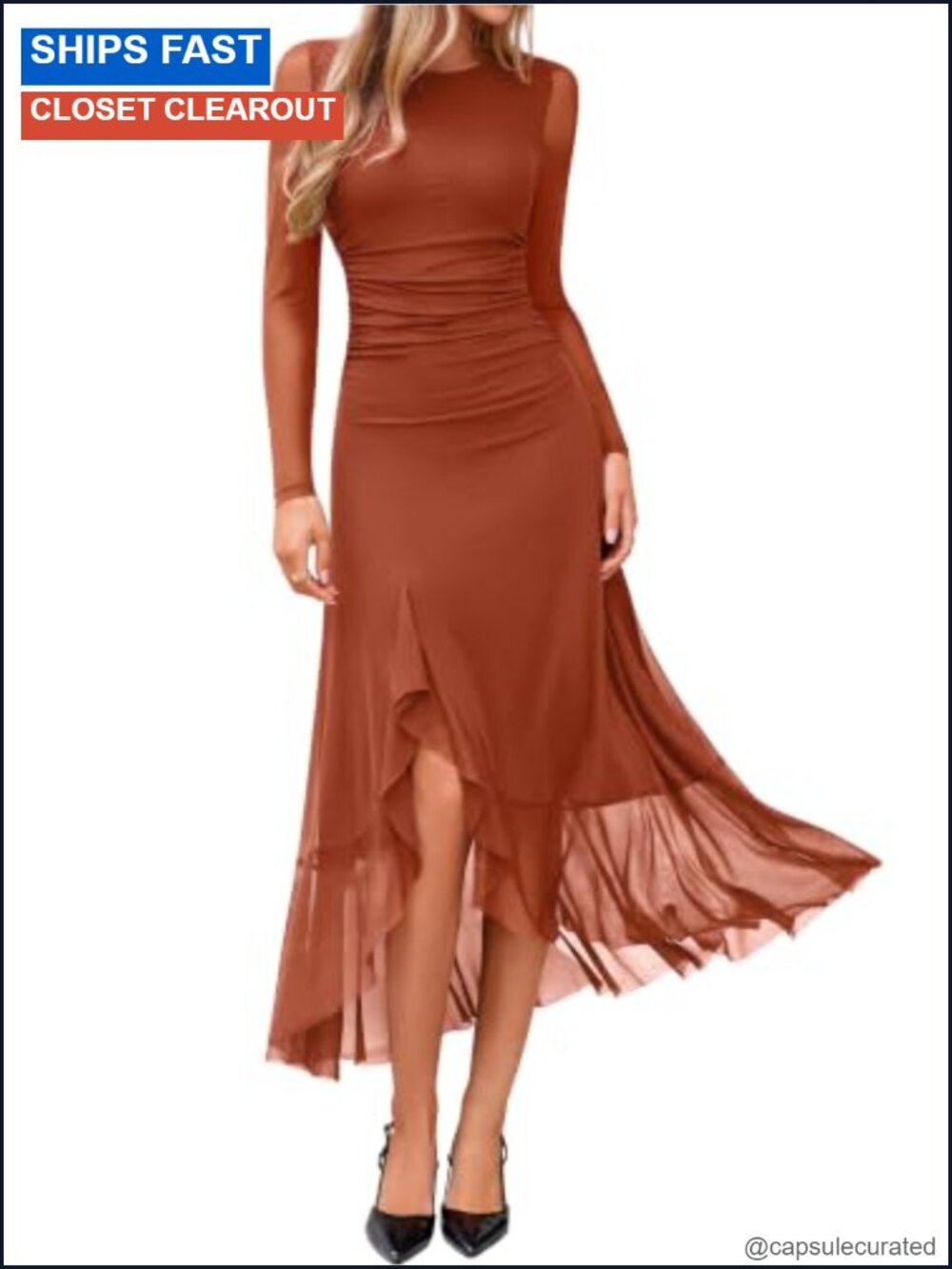 Long Sleeve Mesh Bodycon Midi Dress for Wedding Guest Fall Formal